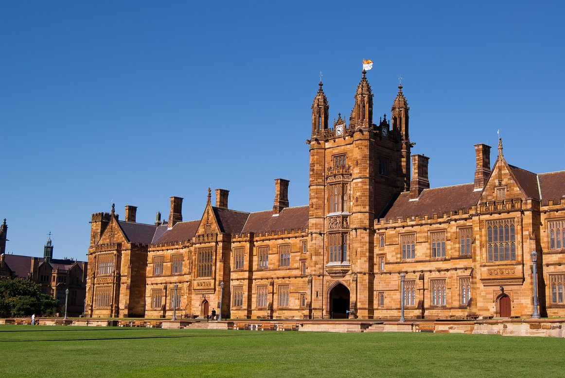Gothic sandstone university quadrangle and clock tower